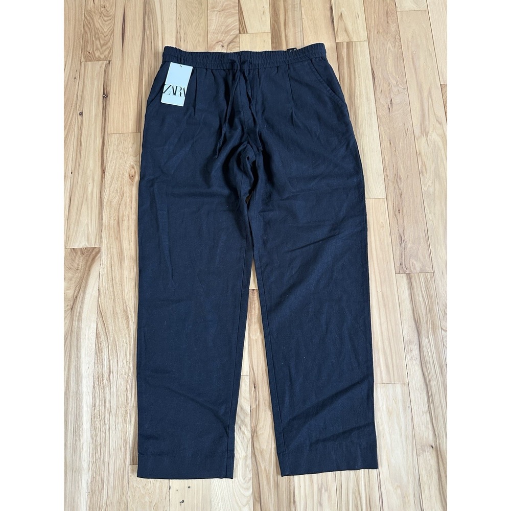 Zara Women's Black  Pants Elastic Waistband and Drawstring Linen 50% Viscose 50%